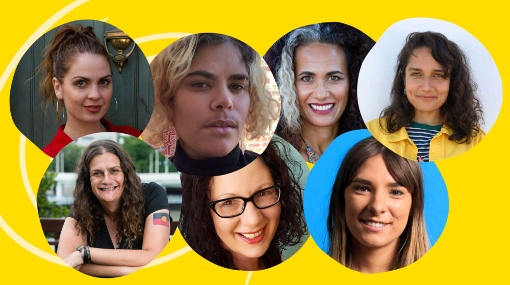 Picture of seven writers on a yellow background