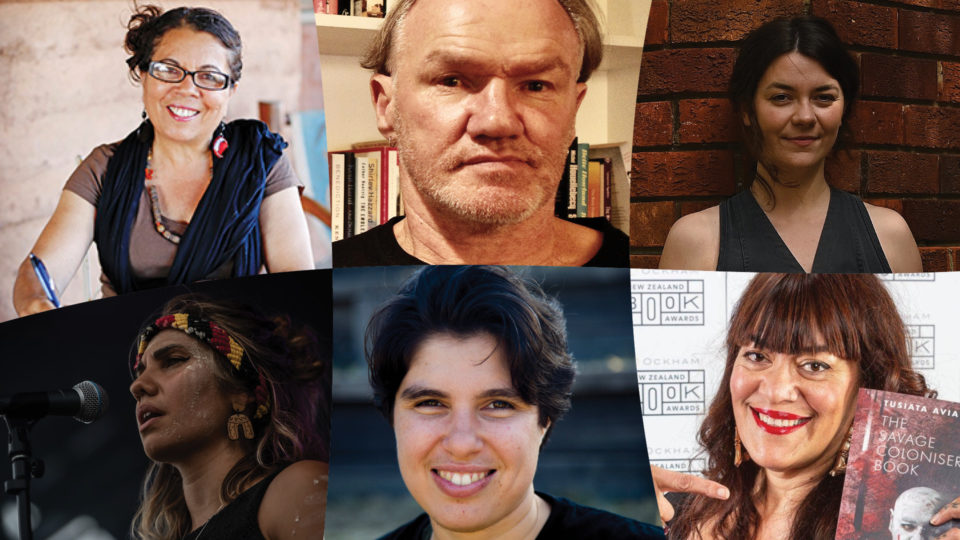 Six headshot photos edited together. From top to bottom, left to right there is Charmaine Papertalk Green, Tony Birch, Jazz Money, Kirli Saunders, Ellen van Neerven and Tusiata Avia