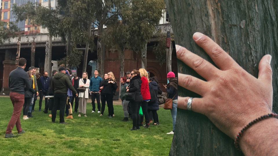 Two photos have been edited together. The first is of a group of peolple standing, gathering in a park. The second on the right is of A hand is shown laid out and held against the trunk of a tree. There is a thick silver ring on the picky finger, and a bracelet on the wrist made up of small brown, black and read beads. Leaves can be seen behind the tree, out of focus.