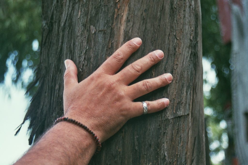 A hand is shown laid out and held against the trunk of a tree. There is a thick silver ring on the picky finger, and a bracelet on the wrist made up of small brown, black and read beads. Leaves can be seen behind the tree, out of focus.